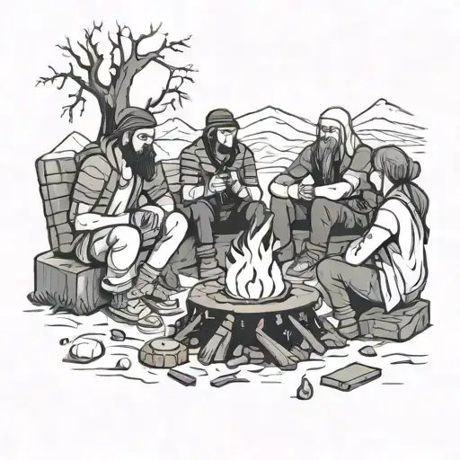 A group of friends sitting around a campfire, with each friend representing a different Dungeons and Dragons character class tattoo design idea