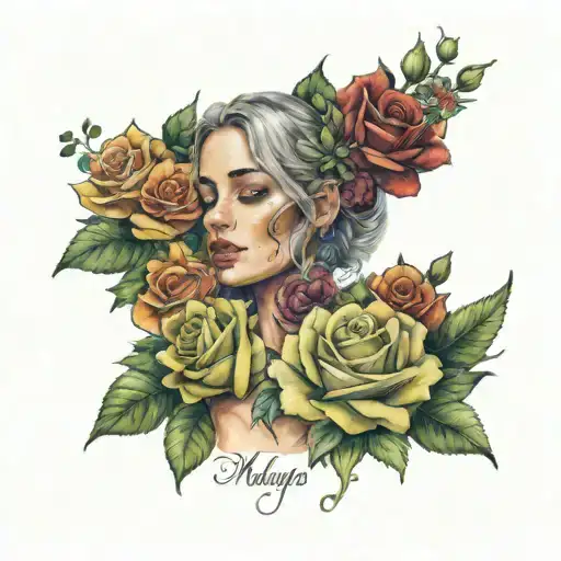 A realistic watercolor portrait of Maleya Rose with a green stem and roses intertwining around her name in cursive on one collar bone, underlined with a garden of colorful flowers and a sun tattoo design idea