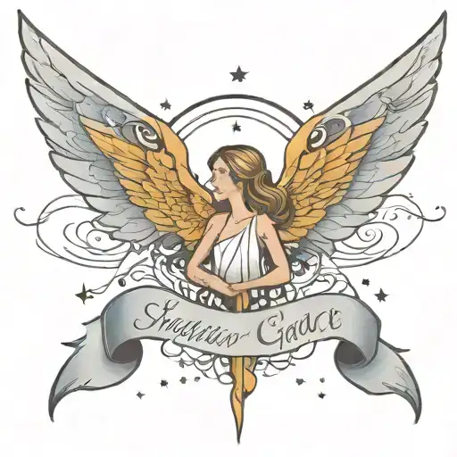 An elegant neotraditional design of Skylar Grace's name in cursive on the other collar bone, underlined with a trail of stars leading to angel wings and a halo at the end tattoo design idea