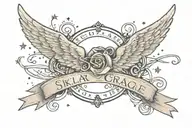 An elegant neotraditional design of Skylar Grace's name in cursive on the other collar bone, underlined with a trail of stars leading to angel wings and a halo at the end tattoo design idea