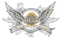 An elegant neotraditional design of Skylar Grace's name in cursive on the other collar bone, underlined with a trail of stars leading to angel wings and a halo at the end tattoo design idea