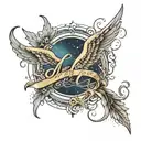 An elegant neotraditional design of Skylar Grace's name in cursive on the other collar bone, underlined with a trail of stars leading to angel wings and a halo at the end tattoo design idea