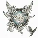 An elegant neotraditional design of Skylar Grace's name in cursive on the other collar bone, underlined with a trail of stars leading to angel wings and a halo at the end tattoo design idea