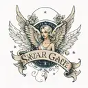 An elegant neotraditional design of Skylar Grace's name in cursive on the other collar bone, underlined with a trail of stars leading to angel wings and a halo at the end tattoo design idea