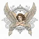 An elegant neotraditional design of Skylar Grace's name in cursive on the other collar bone, underlined with a trail of stars leading to angel wings and a halo at the end tattoo design idea