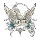 An elegant neotraditional design of Skylar Grace's name in cursive on the other collar bone, underlined with a trail of stars leading to angel wings and a halo at the end tattoo design idea