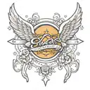 An elegant neotraditional design of Skylar Grace's name in cursive on the other collar bone, underlined with a trail of stars leading to angel wings and a halo at the end tattoo design idea