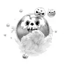 A hauntingly beautiful scene of a ghostbuster surrounded by floating marshmallow orbs tattoo design idea