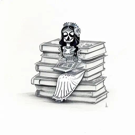 la catrina sitting on a stack of books tattoo design idea