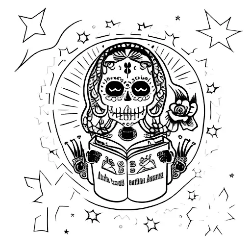 A celestial La Catrina holding a book of stars tattoo design idea