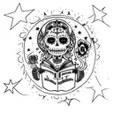 A celestial La Catrina holding a book of stars tattoo design idea