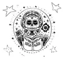 A celestial La Catrina holding a book of stars tattoo design idea