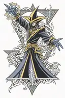 Yu-Gi-Oh Dark Magician wearing Millenium puzzle piece made tattoo design idea