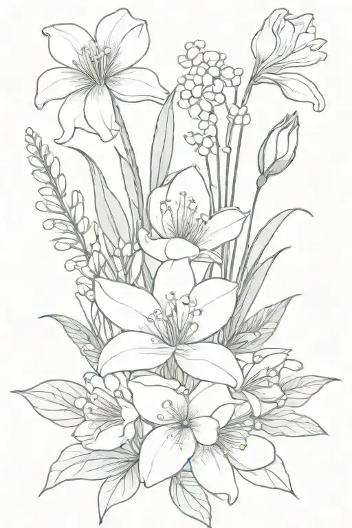 floral bouquet including violets, daisies, lily of the valley, larkspurs, and water lilies tattoo design idea