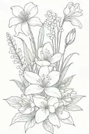 floral bouquet including violets, daisies, lily of the valley, larkspurs, and water lilies tattoo design idea