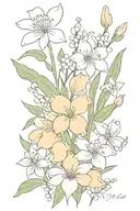 floral bouquet including violets, daisies, lily of the valley, larkspurs, and water lilies tattoo design idea