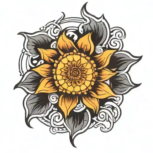 blazing sun with one flower  tattoo design idea