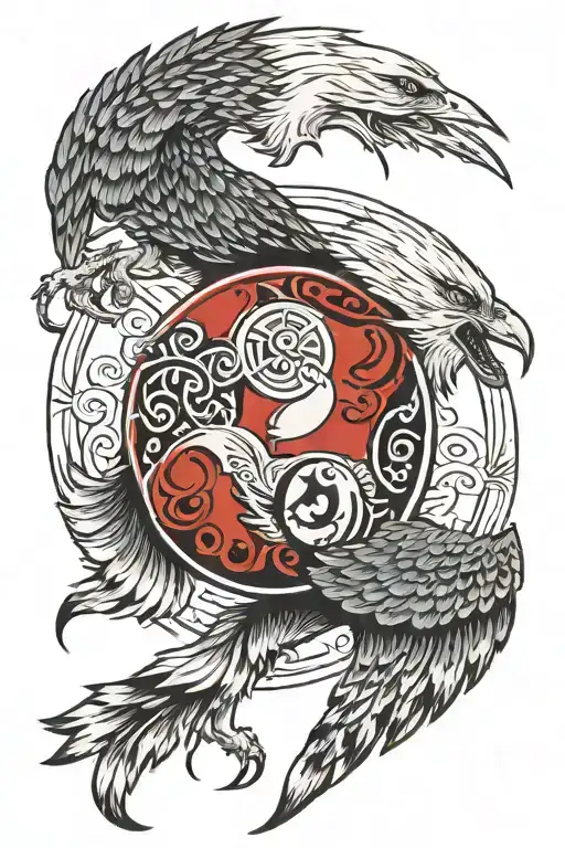 A tattoo of a black eagle and grey wolf intertwined in a yin and yang design, symbolizing balance and harmony tattoo design idea