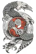 A tattoo of a black eagle and grey wolf intertwined in a yin and yang design, symbolizing balance and harmony tattoo design idea