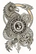 A tattoo of a black eagle and grey wolf intertwined in a yin and yang design, symbolizing balance and harmony tattoo design idea