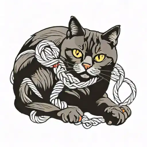 British shorthair cat surrounded by yarn intertwined tattoo design idea