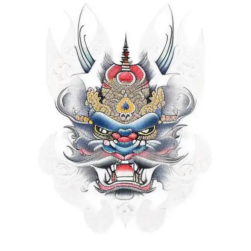 irezumi in color with barong from Bali  tattoo design idea