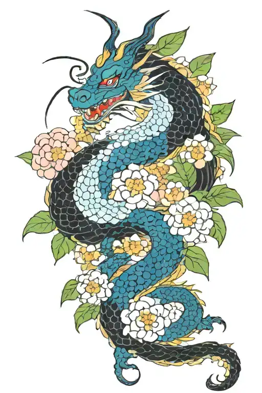 irezumi style with dragon, flowers and the colors are mainly black, green and blue  tattoo design idea