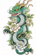 irezumi style with dragon, flowers and the colors are mainly black, green and blue  tattoo design idea