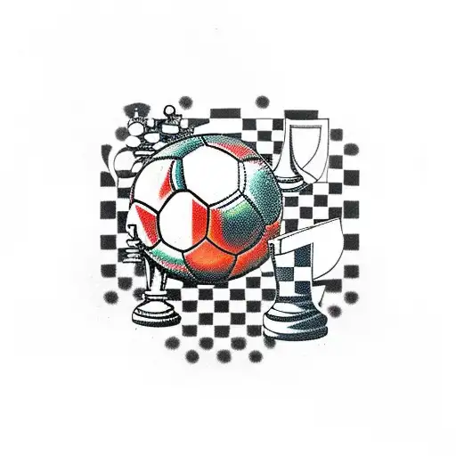 Soccer ball and chess pieces facing off on a checkered field tattoo design idea