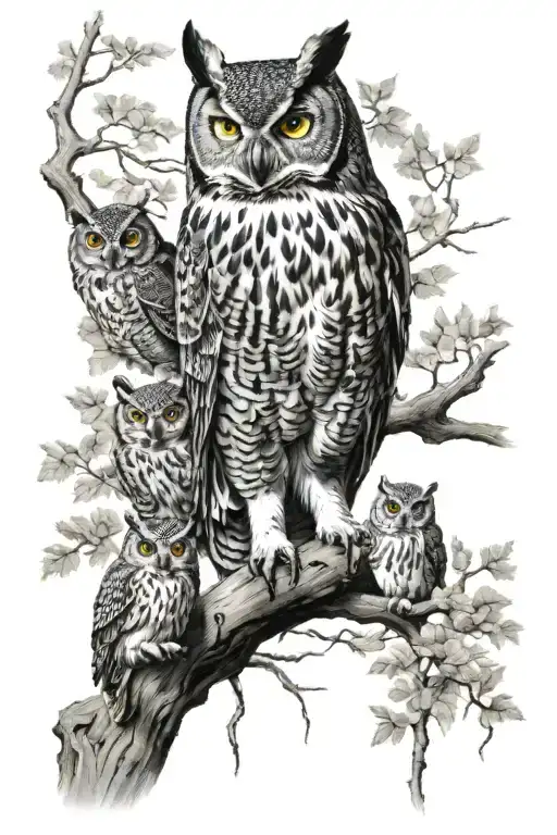 great horned owl fading into trees and mountains with tree bear cubs tattoo design idea