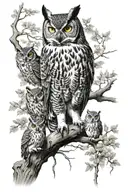 great horned owl fading into trees and mountains with tree bear cubs tattoo design idea