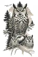 great horned owl fading into trees and mountains with tree bear cubs tattoo design idea