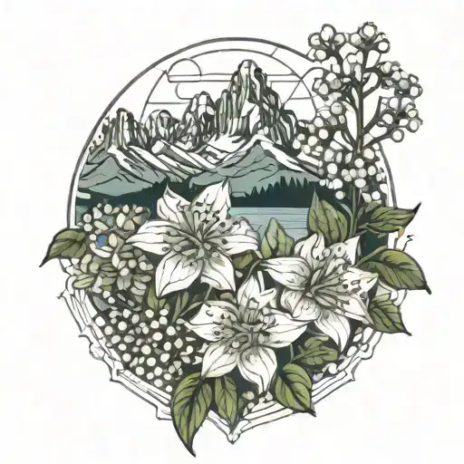 Grand Teton Mountain Range and lily of the valley and chrysanthemum rib tattoo tattoo design idea