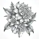 Grand Teton Mountain Range and lily of the valley and chrysanthemum  tattoo design idea