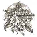 Grand Teton Mountain Range and lily of the valley and chrysanthemum  tattoo design idea