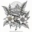Grand Teton Mountain Range and lily of the valley and chrysanthemum  tattoo design idea