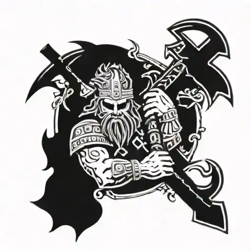 perun holding an axe in one hand and lighting in the other hand. Slavic symbols surrounding him tattoo design idea