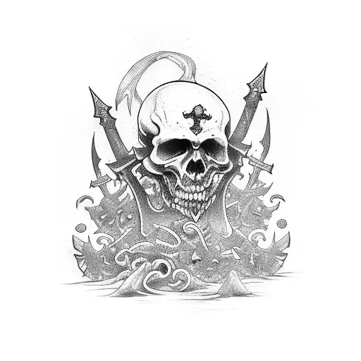 a graveyard covered by countless swords tattoo design idea