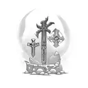 a graveyard covered by countless swords tattoo design idea