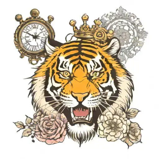 a growling tiger with half face of a humanskull, some flowers, some trees, some pearlchains, a crown and a clock tattoo design idea
