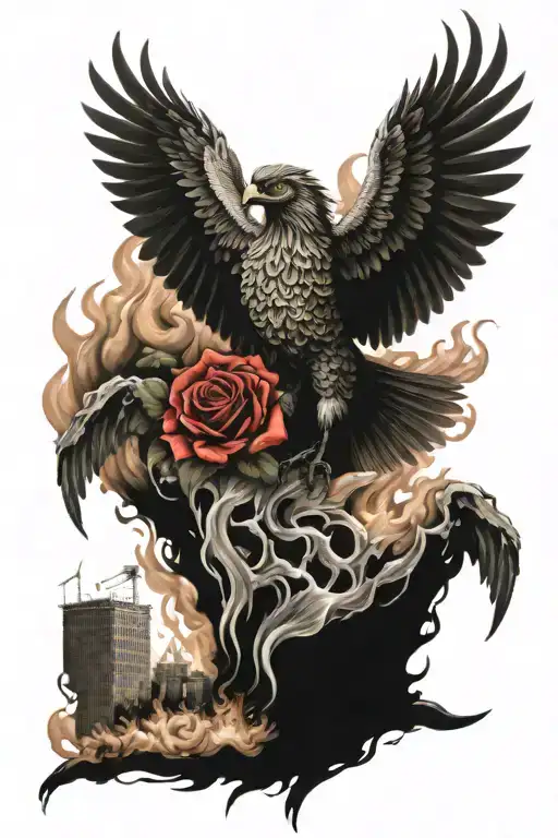 phoenix bird carrying a rose out of a city on fire  tattoo design idea