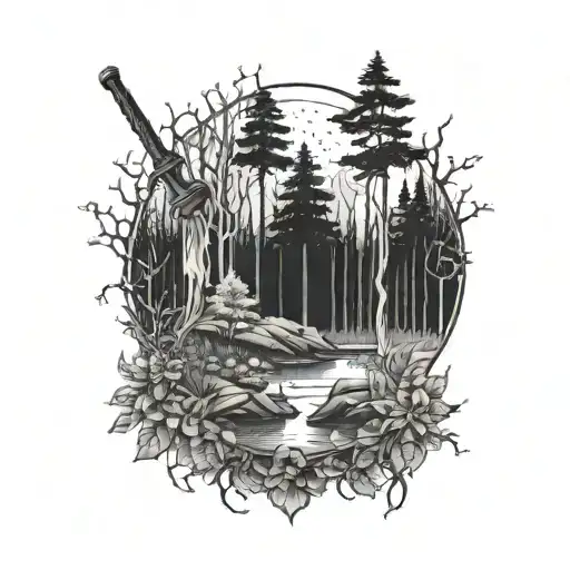 A mystical forest scene with a hidden magic wand tattoo design idea