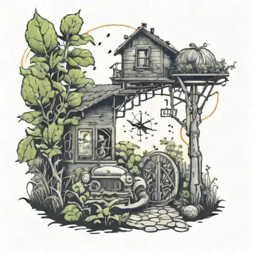 A tattoo of a whimsical scene inspired by Fried Green Tomatoes at the Whistle Stop Cafe, with a touch of anime style tattoo design idea