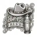 country themed, cowboy hat over a beer bottle with the words beer never broke my heart on the beer bottle label tattoo design idea