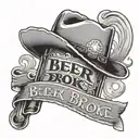 country themed, cowboy hat over a beer bottle with the words beer never broke my heart on the beer bottle label tattoo design idea