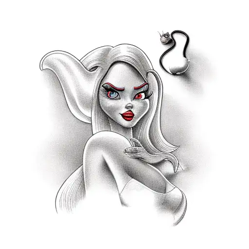 Realistic portrait of Jessica Rabbit with a mouse companion tattoo design idea