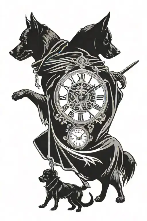 clock, grim reaper, dogs standing guard tattoo design idea