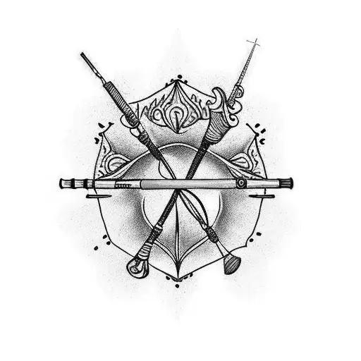 A traditional tattoo of a fishing rod and paintbrush crossed, symbolizing your dual passions tattoo design idea