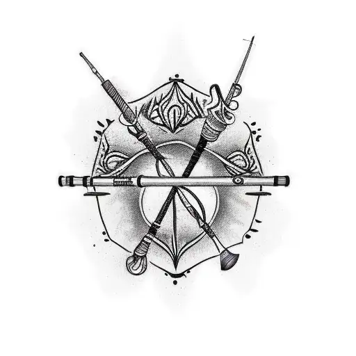 A traditional tattoo of a fishing rod and paintbrush crossed, symbolizing your dual passions tattoo design idea