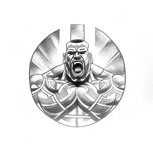 A sketch-style tattoo featuring a wrestler in an intense fighting stance, surrounded by symbols of war and power tattoo design idea